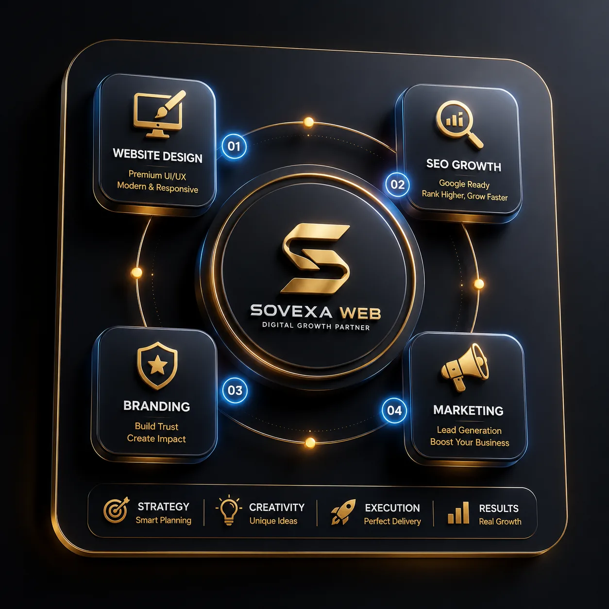 SOVEXAWEB services covering website design, SEO growth, branding and marketing